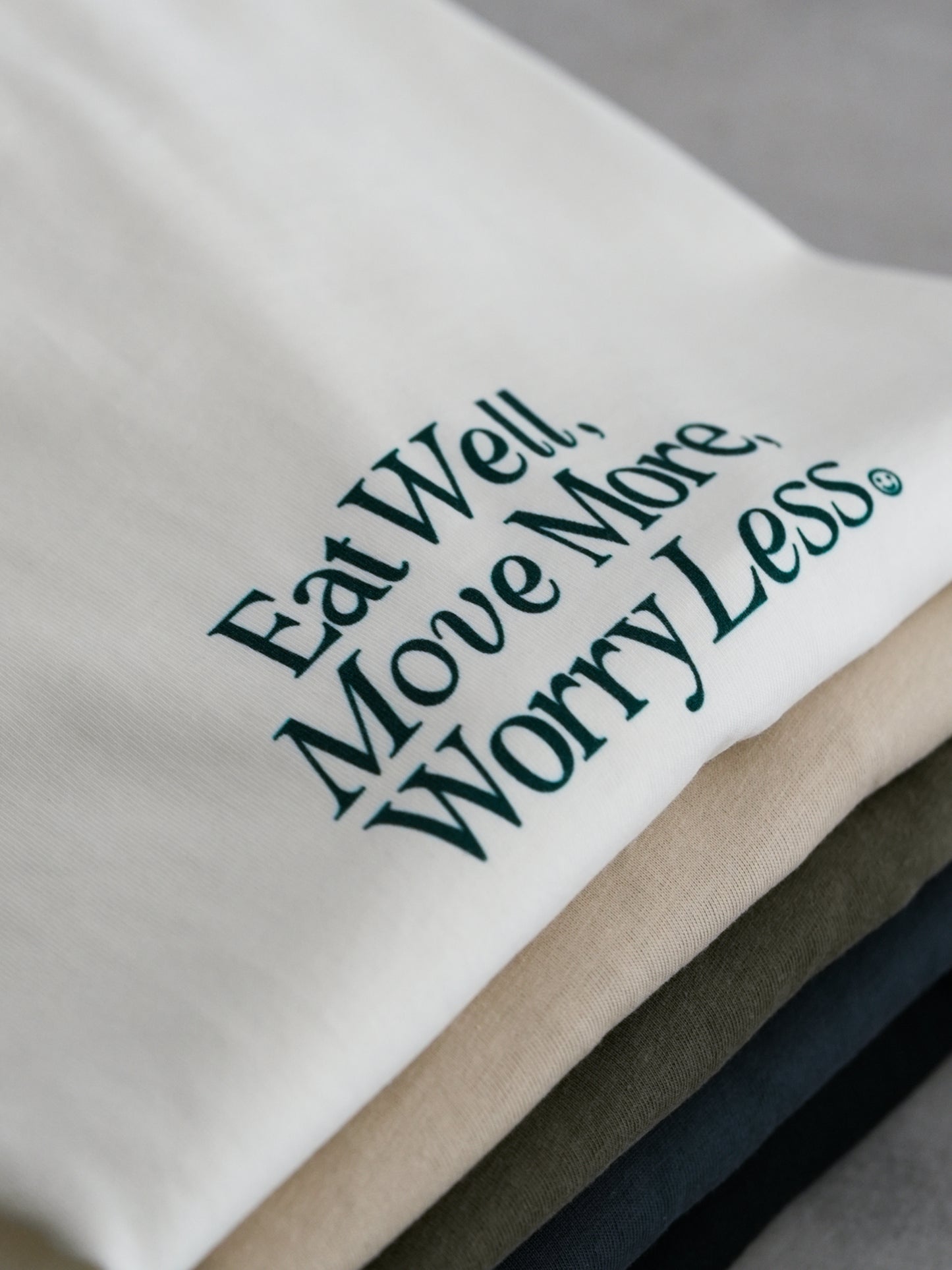 Eat Well, Move More, Worry Less T-Shirt (Front Print, Khaki)