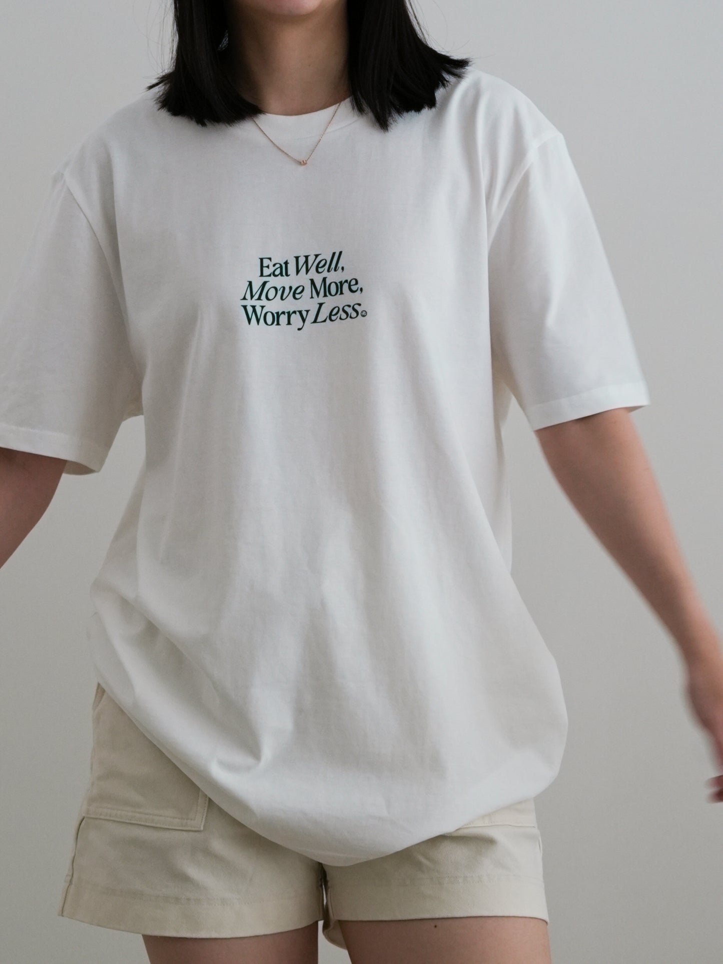 Eat Well, Move More, Worry Less T-Shirt (Front Print, Off White)