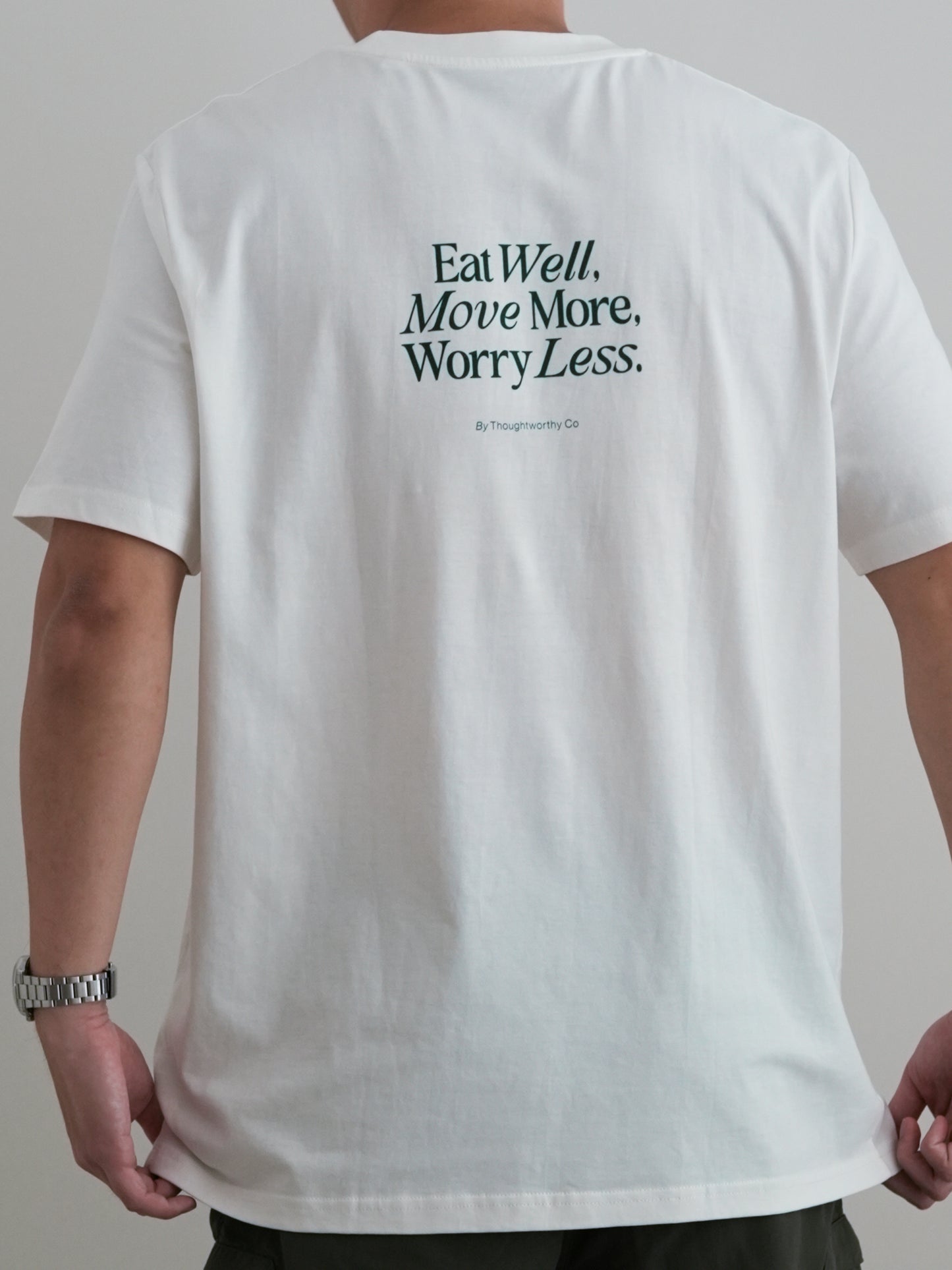 Eat Well, Move More, Worry Less T-Shirt (Back Print, India Ink Grey)