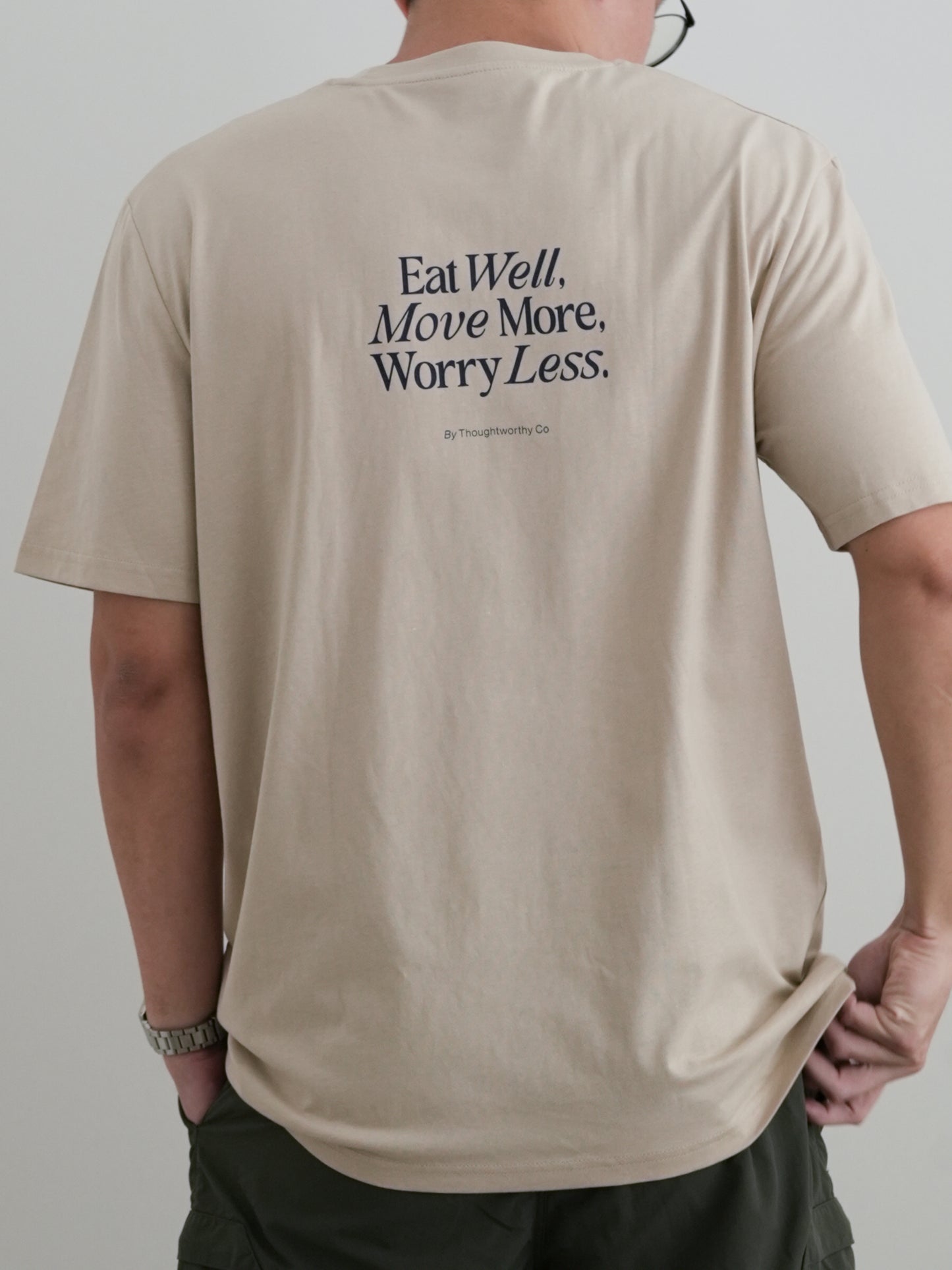 Eat Well, Move More, Worry Less T-Shirt (Back Print, Black)