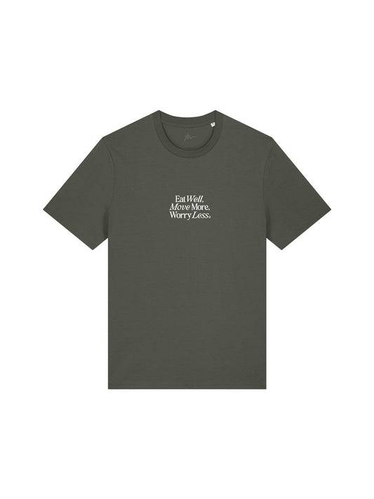 Eat Well, Move More, Worry Less T-Shirt (Front Print, Khaki)